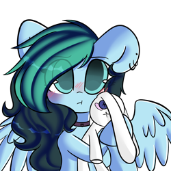 Size: 2000x2000 | Tagged: safe, artist:thieftea, oc, oc only, oc:liz, species:pegasus, species:pony, species:rabbit, :t, blushing, chibi, collar, cute, ear piercing, female, floppy ears, mare, ocbetes, piercing, plushie, pouting, simple background, solo, weapons-grade cute, wings, ych result