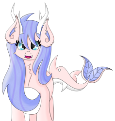 Size: 4376x4609 | Tagged: safe, artist:syncedsart, oc, oc only, oc:blueberry splash, species:pony, absurd resolution, antlers, chest fluff, clip studio paint, cute, digital art, ear fluff, fangs, female, fish tail, halfbody, mare, original species, shark, shark pony, simple background, solo, teeth, transparent background
