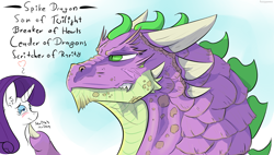 Size: 1964x1118 | Tagged: safe, artist:fuzzypones, character:rarity, character:spike, ship:sparity, blushing, chin scratch, female, male, older, older spike, shipping, size difference, straight