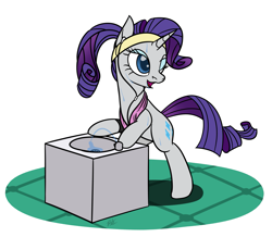Size: 2077x1807 | Tagged: safe, artist:camo-pony, derpibooru original, character:rarity, species:pony, species:unicorn, alternate hairstyle, bipedal, bipedal leaning, drinking fountain, earbuds, female, leaning, one eye closed, solo, sweat, sweatband, workout
