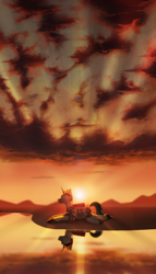 Size: 2000x3500 | Tagged: safe, artist:klooda, oc, oc:flint, species:pony, species:unicorn, cloud, lake, lying down, male, reflection, solo, stallion, sun ray, sunset, water, ych example, ych result, your character here