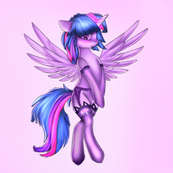 Size: 2500x2500 | Tagged: safe, artist:lakunae, character:twilight sparkle, character:twilight sparkle (alicorn), species:alicorn, species:pony, bipedal, blushing, clothing, female, garter belt, gradient background, hooves, horn, mare, solo, spread wings, stockings, thigh highs, wings
