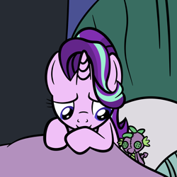 Size: 1626x1624 | Tagged: safe, artist:pony4koma, character:spike, character:starlight glimmer, bed, bedroom, implied sparlight, spike plushie, starlight's room