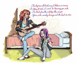 Size: 1280x1046 | Tagged: safe, artist:manly man, character:starlight glimmer, character:sunset shimmer, ship:shimmerglimmer, my little pony:equestria girls, beanie, bed, bedroom, clothing, female, guitar, hat, human coloration, ink, jacket, leather jacket, lesbian, lyrics, markers, rapping, shipping, socks, text, traditional art, vest