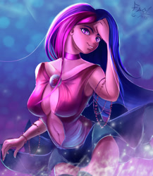 Size: 1301x1500 | Tagged: safe, artist:foughtdragon01, character:twilight sparkle, species:human, absolute cleavage, armpits, beads, belly button, breasts, choker, cleavage, female, humanized, looking at you, smiling, solo