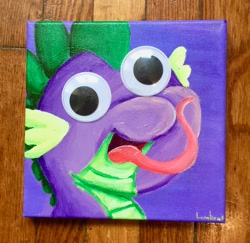 Size: 1024x995 | Tagged: safe, artist:colorsceempainting, character:spike, species:dragon, bust, canvas, googly eyes, male, paint, painting, portrait, silly, solo, tongue out, traditional art