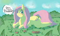 Size: 1280x765 | Tagged: safe, artist:fuzzypones, character:fluttershy, blush sticker, blushing, boop request, dialogue, female, fluffy, prone, solo, speech bubble, unshorn fetlocks, wingless