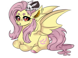 Size: 988x739 | Tagged: safe, artist:evergreen-gemdust, character:angel bunny, character:flutterbat, character:fluttershy, species:bat pony, species:pony, cape, clothing, fangs, female, mare, ponyloaf, prone, race swap, simple background