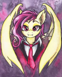 Size: 800x999 | Tagged: safe, artist:astevenamedwolf, character:flutterbat, character:fluttershy, species:bat pony, species:pony, alucard, alushy, bat wings, bust, clothing, crossover, fangs, female, hellsing, looking at you, mare, necktie, portrait, race swap, red eyes, solo, suit, traditional art, watercolor painting, wings