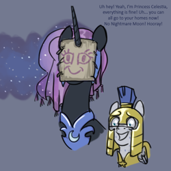 Size: 500x500 | Tagged: safe, artist:bigrigs, derpibooru original, character:nightmare moon, character:princess luna, species:pony, alternate timeline, armor, blatant lies, disguise, duo, gray background, grin, helmet, moonabetes, nervous, nervous grin, nightmare takeover timeline, paper-thin disguise, royal guard, seems legit, simple background, smiling, sweat