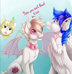 Size: 1001x1023 | Tagged: safe, artist:striped-chocolate, rcf community, oc, oc only, oc:turquoise, oc:wave, oc:white mouse, species:bat pony, species:pegasus, species:pony, species:unicorn, bat wings, collar, cute, ear piercing, female, flirting, gauges, gradient background, jealous, leash, male, mare, oc x oc, piercing, shipping, stallion, wings
