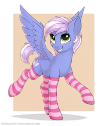Size: 1815x2150 | Tagged: safe, artist:deltauraart, oc, oc only, oc:holly (deltauraart), species:pegasus, species:pony, clothing, cute, female, happy, mare, simple background, smiling, socks, solo, striped socks, thigh highs, wings