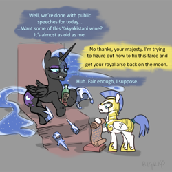 Size: 768x768 | Tagged: safe, artist:bigrigs, character:nightmare moon, character:princess luna, species:alicorn, species:pony, alcohol, armor, book, dialogue, helmet, royal guard, scroll, wine, wine bottle