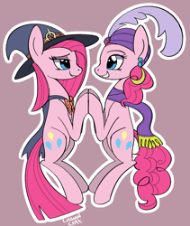 Size: 844x999 | Tagged: safe, artist:casualcolt, character:pinkamena diane pie, character:pinkie pie, species:earth pony, species:pony, clothing, female, gypsy pie, hat, looking at each other, mare, smiling, witch hat