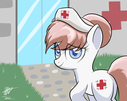 Size: 1280x1024 | Tagged: safe, artist:mister-markers, character:nurse redheart, species:earth pony, species:pony, cap, clothing, colored pupils, eye clipping through hair, female, hat, heartabetes, hospital, looking at you, looking back, mare, signature, solo