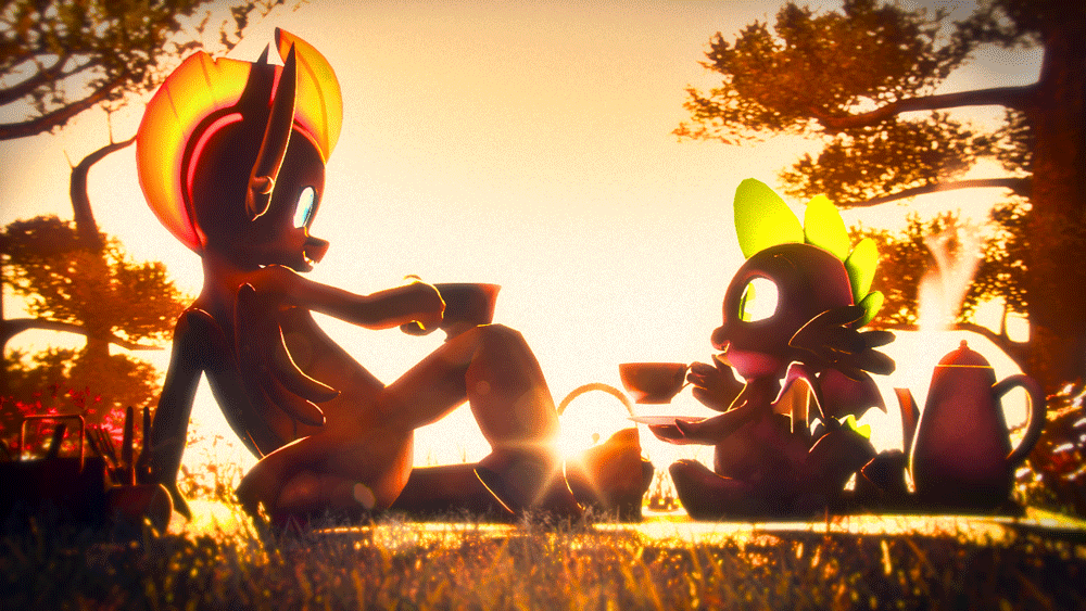 Size: 1000x563 | Tagged: safe, artist:dragon-v0942, character:smolder, character:spike, species:dragon, ship:spolder, 3d, animated, bloom, cup, cute, dragoness, female, food, gif, grass, lens flare, male, outdoors, shipping, smolderbetes, source filmmaker, spikabetes, straight, sunset, tea, tea party, teacup, tree, winged spike