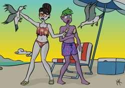 Size: 2893x2039 | Tagged: safe, artist:pony4koma, character:raven inkwell, character:spike, species:human, species:seagull, ship:ravenspike, my little pony:equestria girls, armpits, barefoot, beach, beach chair, clothing, elf ears, feet, female, flip-flops, food, hair bun, humanized, ice cream, male, sandals, shipping, shorts, straight, sunglasses, sunset, swimsuit, umbrella