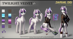 Size: 4057x2212 | Tagged: safe, artist:l1nkoln, character:twilight velvet, species:pony, species:unicorn, fanfic:spectrum of lightning, series:daring did tales of an adventurer's companion, badass, bipedal, breadboard, chubby, clothing, electricity, fanfic art, female, fit, gun, hood, implied daring do, jacket, leather jacket, magic, mare, muscles, oscilloscope, plump, reference sheet, rifle, ripped, scar, solo, toned, weapon, weight loss