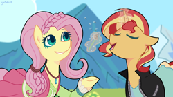 Size: 1280x720 | Tagged: safe, artist:gintoki23, character:fluttershy, character:sunset shimmer, species:alicorn, species:pony, episode:friendship through the ages, g4, my little pony: equestria girls, my little pony:equestria girls, clothing, dandelion, dress, duo, equestria girls ponified, folk fluttershy, grass, levitation, magic, mountain, ponified, scene interpretation, telekinesis