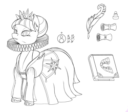 Size: 2000x1751 | Tagged: safe, artist:sepiakeys, character:twilight sparkle, alternate hairstyle, book, clothing, crown, dress, ear fluff, elizabethan, female, inkwell, jewelry, lineart, monochrome, new crown, quill, regalia, ruff (clothing), scroll, solo