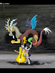 Size: 2734x3620 | Tagged: dead source, safe, artist:lova-gardelius, character:discord, character:octavia melody, species:draconequus, species:earth pony, species:pony, cello, musical instrument, the devil went down to georgia