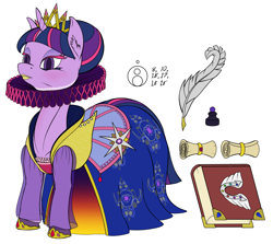 Size: 2000x1783 | Tagged: safe, artist:sepiakeys, character:twilight sparkle, accessories, alternate hairstyle, book, clothing, crown, dress, ear fluff, elizabethan, female, inkwell, jewelry, lipstick, makeup, new crown, quill, regal, regalia, ruff (clothing), scribe, scroll, shoes, simple background, solo