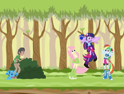 Size: 631x476 | Tagged: safe, artist:shadyhorseman, character:fluttershy, character:rainbow dash, character:twilight sparkle, character:twilight sparkle (alicorn), oc, oc:rock star, species:alicorn, species:pony, my little pony:equestria girls, are equestrian girls human?, ben 10, blue (blue's clues), blue's clues, equestria girls-ified, fly, forest, male, omnitrix, ponied up, twilight can't fly