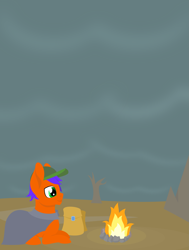 Size: 2273x3000 | Tagged: safe, artist:alltimemine, oc, oc only, unnamed oc, species:pony, camp, campfire, cap, clothing, cloud, cloudy, coat, dead tree, hat, male, prone, saddle bag, stallion, tree, wasteland