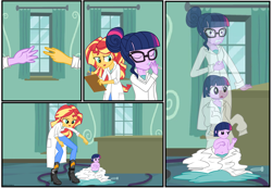 Size: 3500x2426 | Tagged: safe, artist:gamerpen, character:sunset shimmer, character:twilight sparkle, character:twilight sparkle (scitwi), species:eqg human, my little pony:equestria girls, age regression, baby, clothing, comic, lab coat, what has science done