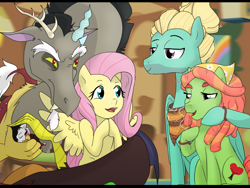 Size: 904x678 | Tagged: safe, artist:gamblingfoxinahat, character:discord, character:fluttershy, character:tree hugger, character:zephyr breeze, oc, oc:levity, parent:discord, parent:fluttershy, parents:discoshy, species:draconequus, species:earth pony, species:pegasus, species:pony, engagement, family, female, foal, hippie, hybrid, interspecies offspring, male, offspring, shipping, straight, zephyrhugger