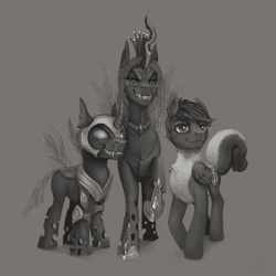 Size: 1667x1667 | Tagged: safe, artist:bigrigs, character:queen chrysalis, oc, oc:intrinsic value, oc:thought blossom, species:changeling, black and white, female, grayscale, jewelry, male, monochrome, necklace, one of these things is not like the others, pegaskunk, peytral, skunk, skunk pony