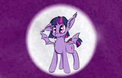 Size: 1703x1080 | Tagged: safe, artist:rurihal, character:twilight sparkle, character:twilight sparkle (alicorn), species:alicorn, species:bat pony, species:pony, bat ponified, cute, female, mare, moon, race swap, solo, twiabetes, twibat