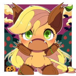 Size: 768x768 | Tagged: safe, artist:erufi, character:applejack, species:earth pony, species:pony, chibi, clothing, costume, cute, cute little fangs, fangs, female, halloween, holiday, jack-o-lantern, jackabetes, mare, no nose, pumpkin, solo, timber pony, timber wolf, timber wolfified, timberjack