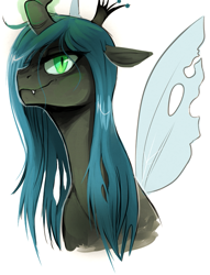 Size: 677x884 | Tagged: safe, artist:dand-e, character:queen chrysalis, species:changeling, bust, changeling queen, fangs, female, frown, glowing horn, looking at you, magic, simple background, smiling, solo, white background