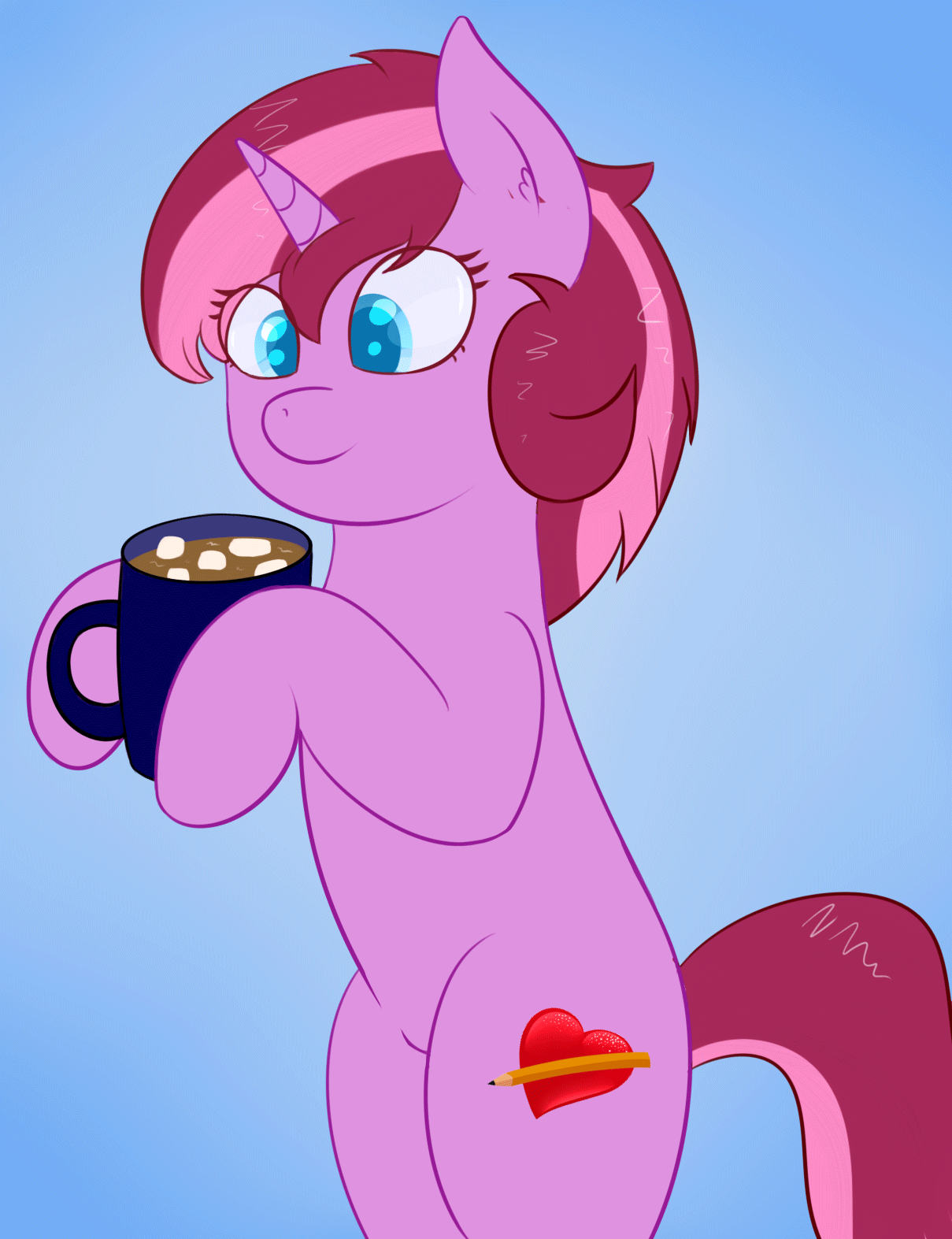 Size: 1209x1573 | Tagged: safe, artist:eyeburn, oc, oc only, oc:sugary violet, animated, bipedal, chocolate, cute, ear twitch, food, hoof hold, hot chocolate, mlem, silly, tongue out