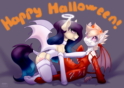Size: 1527x1080 | Tagged: safe, artist:striped-chocolate, rcf community, oc, oc only, oc:white mouse, species:bat pony, bat pony oc, bat wings, clothing, collar, costume, cute, demon horns, female, halloween, halloween costume, happy, happy halloween, holiday, lesbian, oc x oc, pink eyes, raised hoof, scratches, shipping, stockings, tail wrap, thigh highs, wings, zipper