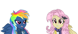 Size: 1740x768 | Tagged: safe, artist:yaycelestia0331, character:evil pie hater dash, character:flutterbat, character:fluttershy, character:rainbow dash, species:bat pony, species:demon pony, episode:secrets and pies, g4, my little pony: friendship is magic, my little pony:equestria girls, adorapiehater, bat ponified, clothing, cute, equestria girls interpretation, race swap, scarf, scene interpretation, shyabates, shyabetes, simple background, smiling, transparent background