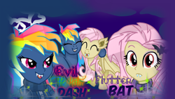 Size: 1288x724 | Tagged: safe, artist:yaycelestia0331, character:evil pie hater dash, character:flutterbat, character:fluttershy, character:rainbow dash, species:bat pony, species:demon pony, episode:secrets and pies, g4, my little pony: friendship is magic, my little pony:equestria girls, adorapiehater, barrette, bat ponified, cute, cute little fangs, fangs, race swap, shyabates, shyabetes, smiling, text