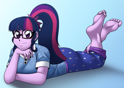 Size: 1280x905 | Tagged: safe, artist:cyborg-steve, character:twilight sparkle, character:twilight sparkle (scitwi), species:eqg human, my little pony:equestria girls, barefoot, big feet, blushing, clothing, commission, cute, feet, female, glasses, hand on chin, looking at you, pajamas, pants, ponytail, sleepwear, smiling, soles, solo, toes, twiabetes, wiggling toes