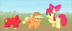 Size: 2591x1115 | Tagged: safe, artist:ultrathehedgetoaster, character:apple bloom, character:applejack, character:big mcintosh, species:earth pony, species:pony, applejack is not amused, female, male, mare, shrunk, shrunk in the wash, stallion, stifling laughter, unamused