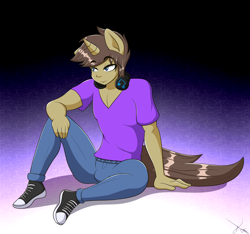 Size: 3200x3000 | Tagged: safe, artist:ramoncrimson935, oc, oc only, species:anthro, species:plantigrade anthro, anthro oc, clothing, converse, handsome, headphones, pants, shoes, sitting, smiling, solo