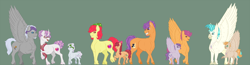 Size: 4472x1166 | Tagged: safe, artist:ganashiashaka, character:apple bloom, character:chipcutter, character:scootaloo, character:sweetie belle, character:tender taps, character:terramar, oc, oc:blazer, oc:lunar luck, oc:marble chord, oc:terra taps, parent:apple bloom, parent:chipcutter, parent:tender taps, parent:terramar, parents:chipbelle, parents:tenderbloom, parents:terraloo, species:classical hippogriff, species:classical unicorn, species:earth pony, species:hippogriff, species:pegasus, species:pony, species:unicorn, ship:tenderbloom, ship:terraloo, bandana, chipbelle, clothing, cloven hooves, colt, curved horn, cutie mark, cutie mark crusaders, female, filly, foal, glasses, horn, interspecies, male, mare, offspring, older, older apple bloom, older scootaloo, older sweetie belle, raised hoof, realistic horse legs, scarf, shipping, spread wings, stallion, straight, the cmc's cutie marks, unshorn fetlocks, wings