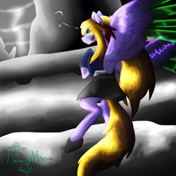 Size: 5800x5800 | Tagged: safe, artist:florarena-kitasatina/dragonborne fox, species:pegasus, species:pony, absurd resolution, augmented, bladed wings, cel shading, clothing, crossover, dat mane tho, flying, lightning, mountain, ponified, signature, solo, sora (sora), storm, tundra, uniform, watermark
