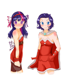 Size: 900x1088 | Tagged: safe, artist:applestems, character:rarity, character:twilight sparkle, alternate hairstyle, blushing, cape, christmas, clothing, gloves, hearth's warming, humanized, ribbon, santa costume, short hair