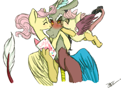 Size: 1024x743 | Tagged: safe, artist:loladotz, character:discord, character:fluttershy, oc, oc:wisteria, parent:discord, parent:fluttershy, parents:discoshy, species:draconequus, species:pegasus, species:pony, ship:discoshy, :t, blushing, card, cute, discord is not amused, discute, father's day, female, flying, hybrid, interspecies offspring, kiss on the cheek, kiss sandwich, kissing, male, mare, nuzzling, ocbetes, offspring, ponytail, shipping, shyabetes, signature, simple background, straight, unamused, white background, writing