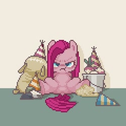 Size: 600x600 | Tagged: safe, artist:ume89s, character:pinkamena diane pie, character:pinkie pie, species:pony, episode:party of one, g4, my little pony: friendship is magic, :t, featureless crotch, female, looking at you, lying down, madame leflour, mare, mr. turnip, pixel art, pouting, rocky, sir lintsalot, spread legs, spreading