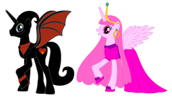 Size: 4600x2640 | Tagged: safe, artist:meganlovesangrybirds, species:alicorn, species:pony, adventure time, business suit, cartoon network, clothing, crossover, dress, duo, female, hynden walch, jewelry, male, mare, my little pony, nergal, nergal and princess bubblegum, original species, ponified, princess bubblegum, stallion, steve burns, the grim adventures of billy and mandy, voice actor