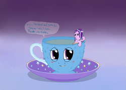 Size: 1419x1012 | Tagged: safe, artist:ultrathehedgetoaster, character:starlight glimmer, character:trixie, species:pony, blushing, coaster, cup, dialogue, gradient background, inanimate tf, smiling, teacup, that pony sure does love teacups, transformation, trixie teacup, wet mane