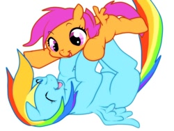 Size: 600x450 | Tagged: safe, artist:nabe, character:rainbow dash, character:scootaloo, species:pegasus, species:pony, balancing, cute, eyes closed, on back, open mouth, pixiv, playing, scootalove, smiling, spread wings, wings