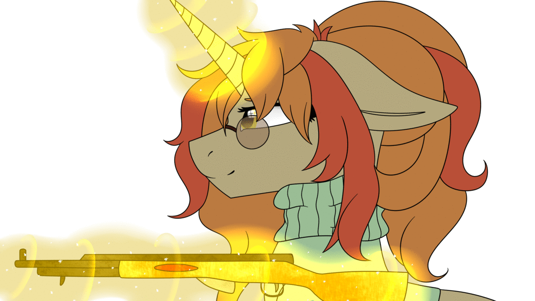 Size: 1100x619 | Tagged: safe, artist:okimichan, oc, species:pony, species:unicorn, animated, clothing, female, gif, glasses, glowing horn, gun, hooves, horn, levitation, magic, mare, rifle, sks, solo, sweater, telekinesis, weapon